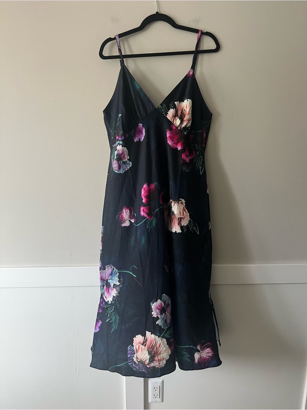Soma Intimates XL Black Floral Satin Chemise Midi Nightgown Adjustable Straps